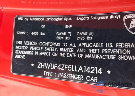 2020 Lamborghini Huracan Evo z USA, uszkodzony, nr VIN ZHWUF4ZF5LLA14214